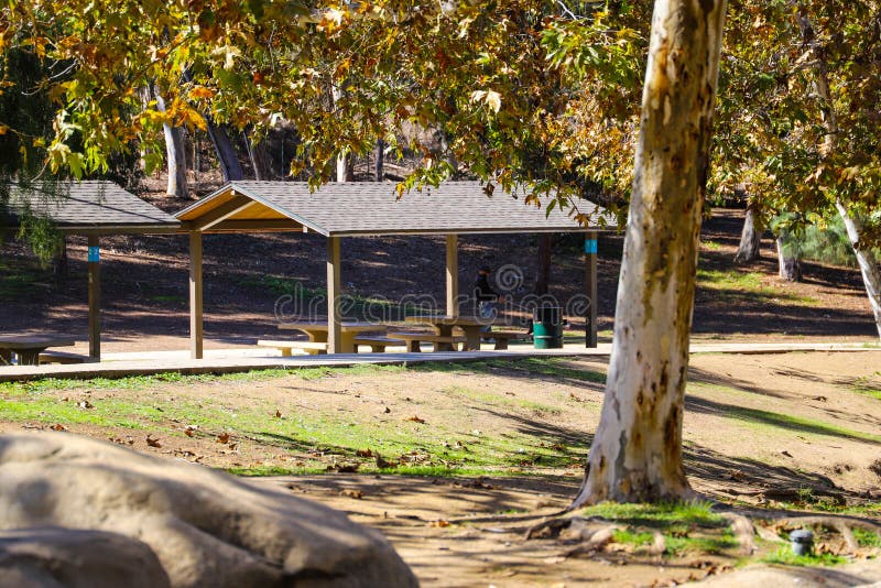 A gorgeous shot of an autumn day in the park with lush green grass, green and autumn colored trees, brown wooden pergolas, a smooth footpath and blue sky at Kenneth Hahn Recreation Area in Los Angeles California USA. A gorgeous shot of an autumn day in the park with lush green grass, green and autumn colored trees, brown wooden pergolas, a smooth footpath and blue sky at Kenneth Hahn Recreation Area in Los Angeles California USA