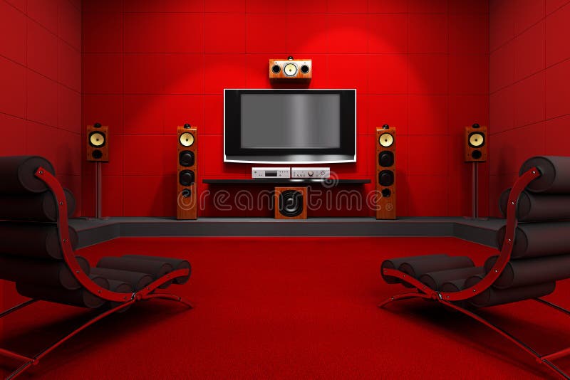 A contemporary home theater room. Furnished with modern furniture and electronics. Digitally created and high resolution rendered. A contemporary home theater room. Furnished with modern furniture and electronics. Digitally created and high resolution rendered.