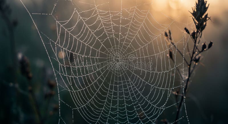 Wstęga pajęcza zdejmowana delikatnie tkana pomiędzy suszonymi roślinami. Mały ilustracja wektor