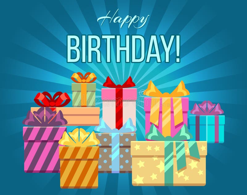 Happy birthday greeting card with a heap of gift boxes. Banner with heap gift box, vector illustration. Happy birthday greeting card with a heap of gift boxes. Banner with heap gift box, vector illustration