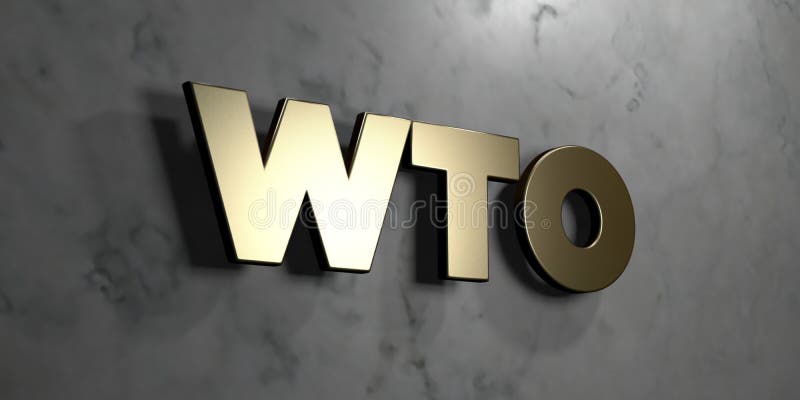 Wto - Gold sign mounted on glossy marble wall - 3D rendered royalty free stock illustration