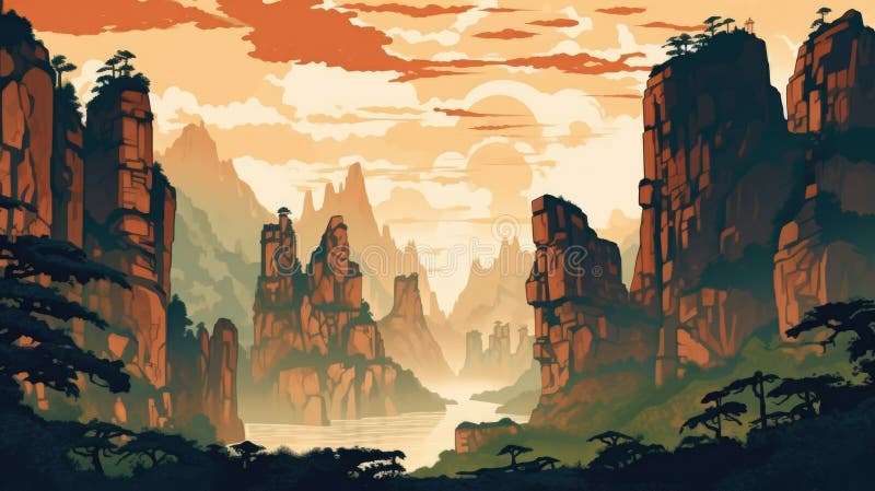 Wulingyuan scenarea china σε μια ηλιόλουστη ημέρα, στυλ ρετρό φτιαγμένο με εργαλεία τεχνητής τεχνητής νοημοσύνης απεικόνιση αποθεμάτων