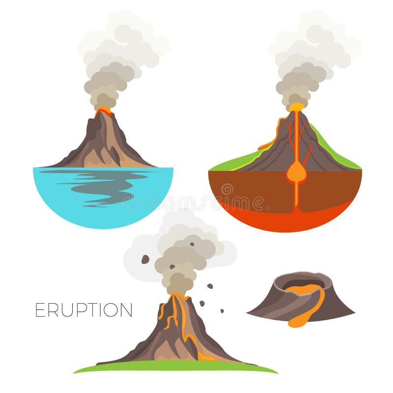 Wulkan erupcja z gorącą lawą i zmrok dymimy ilustracji Wulkan erupcja z gorącą lawą i zmrok dymimy ilustracji