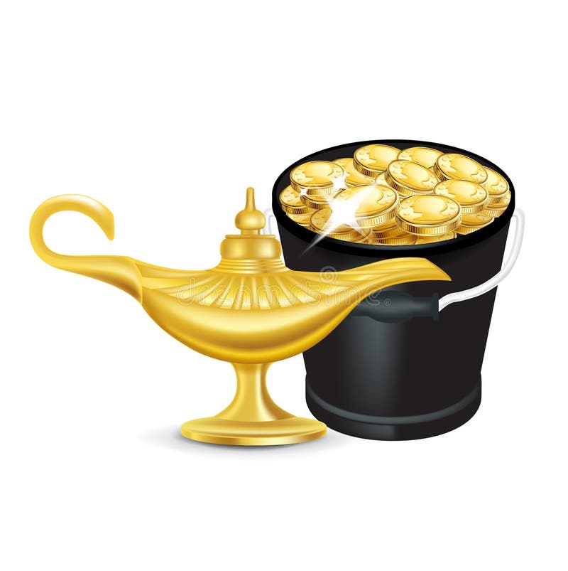 Wunderlampe und Eimer goldene Münzen lokalisiert vektor abbildung Wunderlampe und Eimer goldene Münzen lokalisiert vektor abbildung