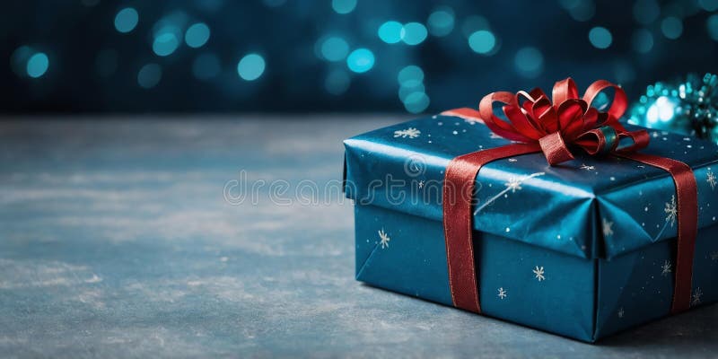 Wunderschöne blaue Geschenkbox auf einer ästhetischen Christstaufe ai generiert lizenzfreie abbildung