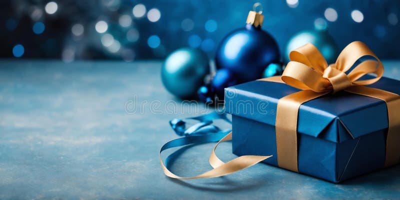 Wunderschöne blaue Geschenkbox auf einer ästhetischen Christstaufe ai generiert stock abbildung