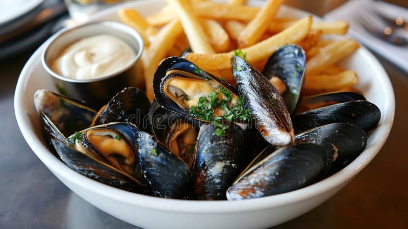 Wunderschöne Bowl of Fresh Mussels begleitet von knusprigen französischen Fries und cremiger Tropfsauce in lockerer Atmosphäre ser stock abbildung