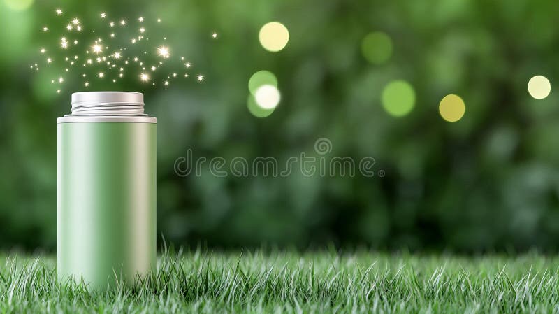 Wunderschöne grüne Flasche auf Gras mit leuchtenden Lichtern im Hintergrund lizenzfreie abbildung