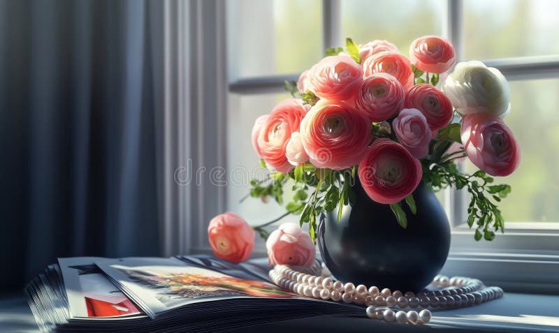 Wunderschöner Blumenstrauß in schwarzer Vase mit Magazinen und Perlen. AI generiert