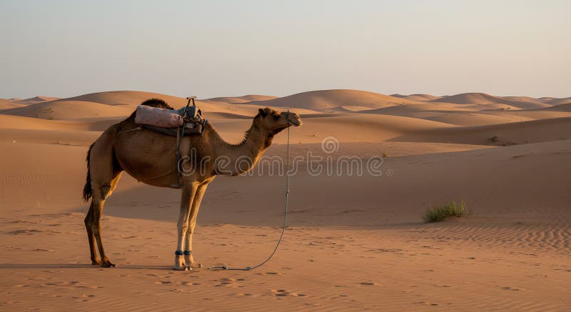 Wunderschöner Kamel in der arabischen Wüste bei Sonnenuntergang : Eine atemberaubende Aussicht auf die Dünen lizenzfreie abbildung