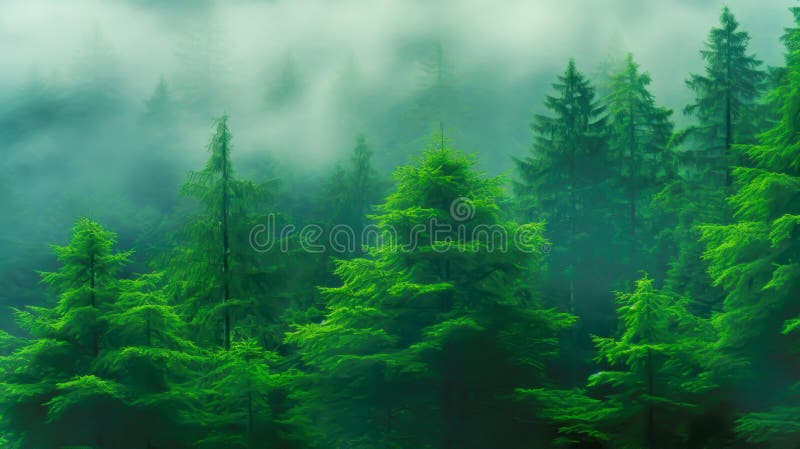 Wunderschöner Nebelwald Hintergrund des Morgenrösches abgelegen Wald stockbilder