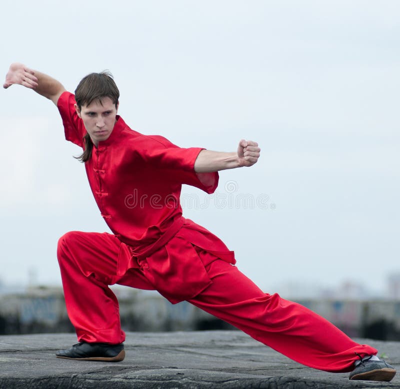 Wushoo Man in Red Practice Martial Art Stock Image Image of combat