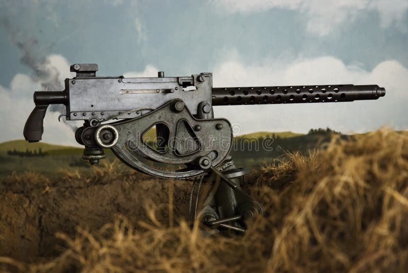 WWII Machine Gun in a trench, with painted landscape stock images