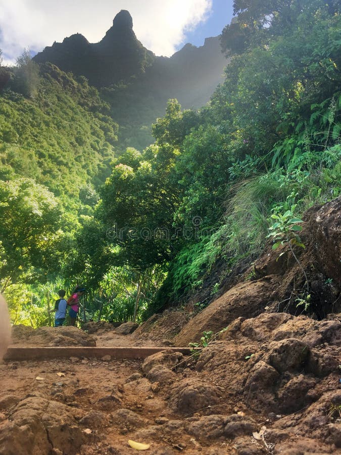 The scenic but rugged and dangerous Kalalau Trail to the scenic Na Pali Coast in Kauai Hawaii. The scenic but rugged and dangerous Kalalau Trail to the scenic Na Pali Coast in Kauai Hawaii