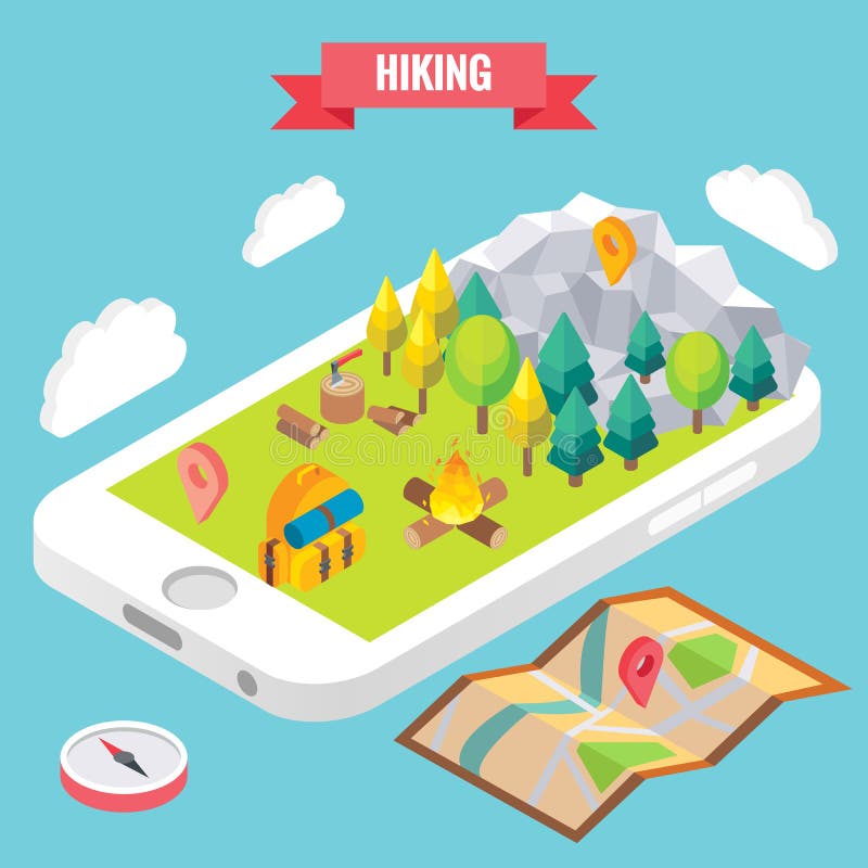 Wycieczkujący w parkowych isometric przedmioty na telefonu komórkowego ekranie Wektorowa ilustracja w mieszkania 3d stylu Plenero ilustracja wektor Wycieczkujący w parkowych isometric przedmioty na telefonu komórkowego ekranie Wektorowa ilustracja w mieszkania 3d stylu Plenero ilustracja wektor