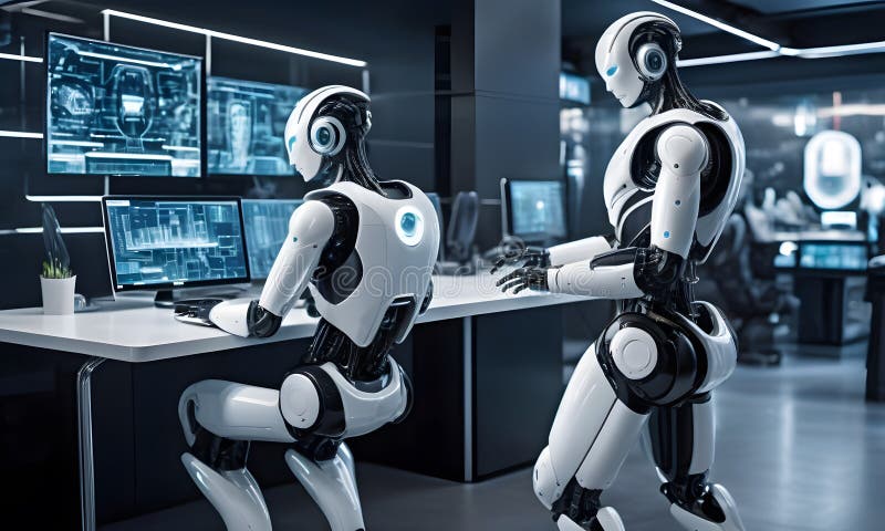 Wygenerowano futurystyczne roboty w przestrzeni roboczej high-tech obrazy stock