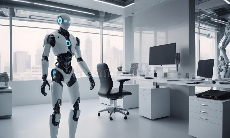Wygenerowano futurystyczne roboty w przestrzeni roboczej high-tech obraz stock