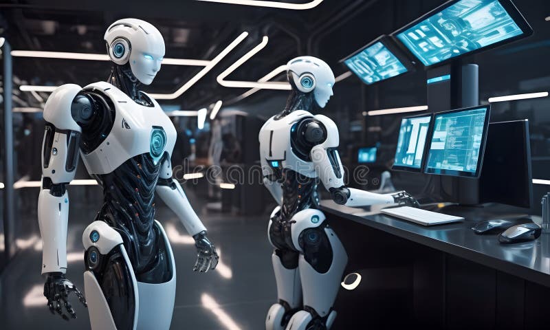 Wygenerowano futurystyczne roboty w przestrzeni roboczej high-tech fotografia stock
