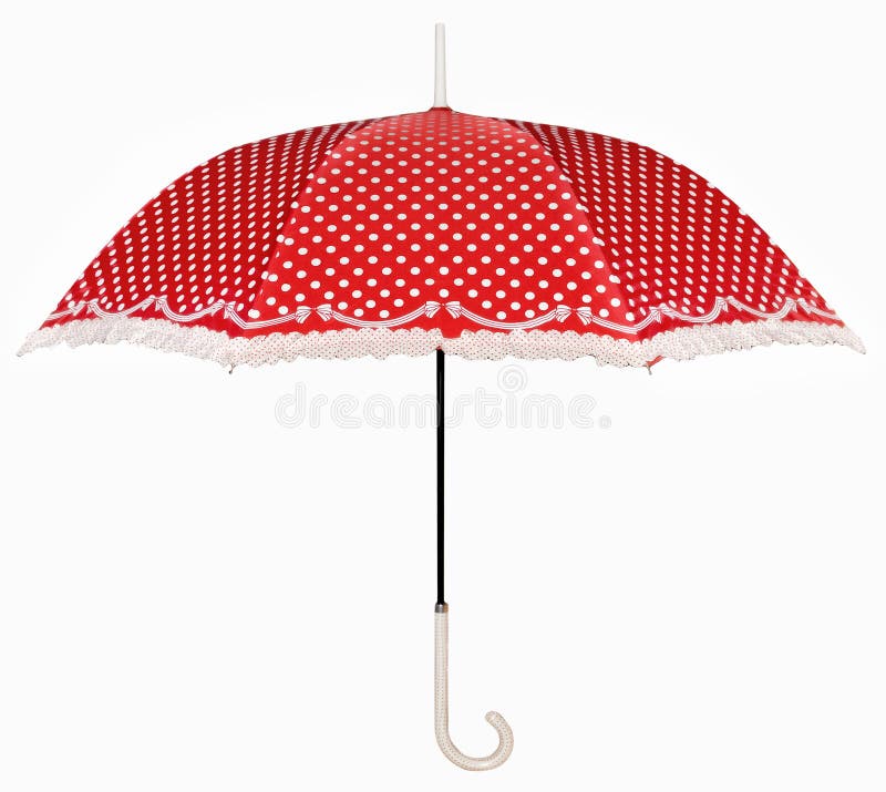 The little curved handle red umbrella with lace isolated on white background. The little curved handle red umbrella with lace isolated on white background