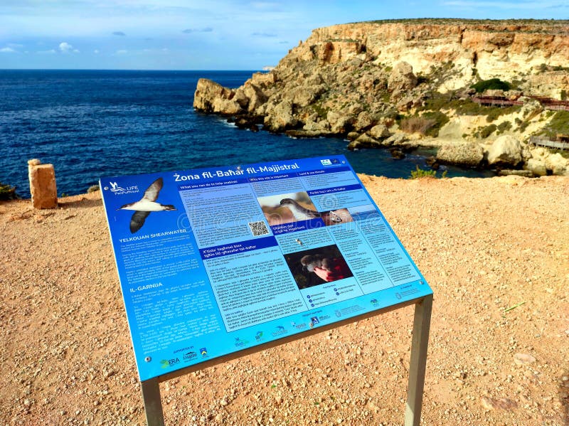 An information board on the cliffs of Anchor Bay in Malta highlights the importance of native seabirds and asks visitors to help protect and conserve them. December 3, 2023. An information board on the cliffs of Anchor Bay in Malta highlights the importance of native seabirds and asks visitors to help protect and conserve them. December 3, 2023
