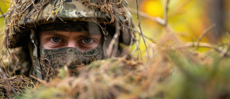 Harnessing Strategic Advantage: The Artful Camouflage Of A Soldier Among Their Surroundings. Сoncept Military Camouflage Tactics, Tactical Advantage, Soldier Concealment, Blending With Surroundings. Harnessing Strategic Advantage: The Artful Camouflage Of A Soldier Among Their Surroundings. Сoncept Military Camouflage Tactics, Tactical Advantage, Soldier Concealment, Blending With Surroundings.