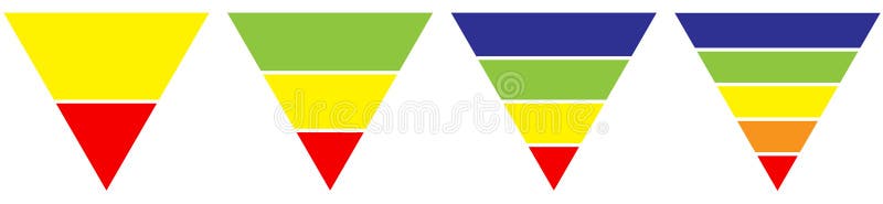 Wykres lejkowy lub odwrócony diagram piramidowy podzielony na cztery kolorowe warstwy. Koncepcja modelu sprzedaży 4-etapowej. Mini royalty ilustracja