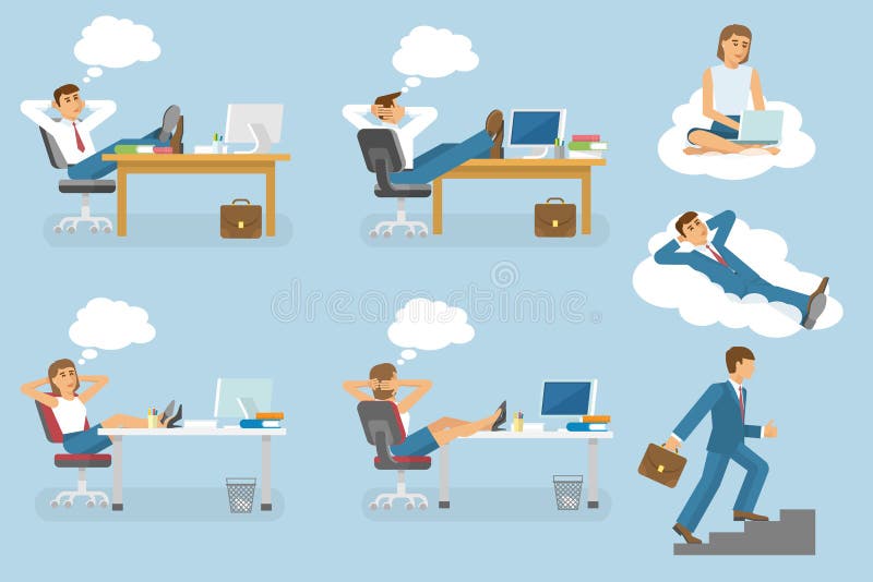 Dream job isolated icon set with people man and woman who dream and sitting on workplace vector illustration. Dream job isolated icon set with people man and woman who dream and sitting on workplace vector illustration