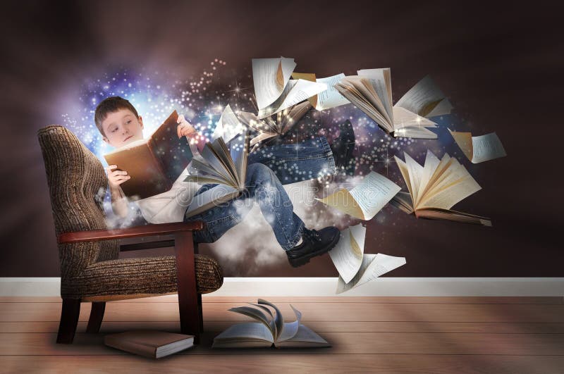 Wyobraźni chłopiec Czytelnicze książki w krześle