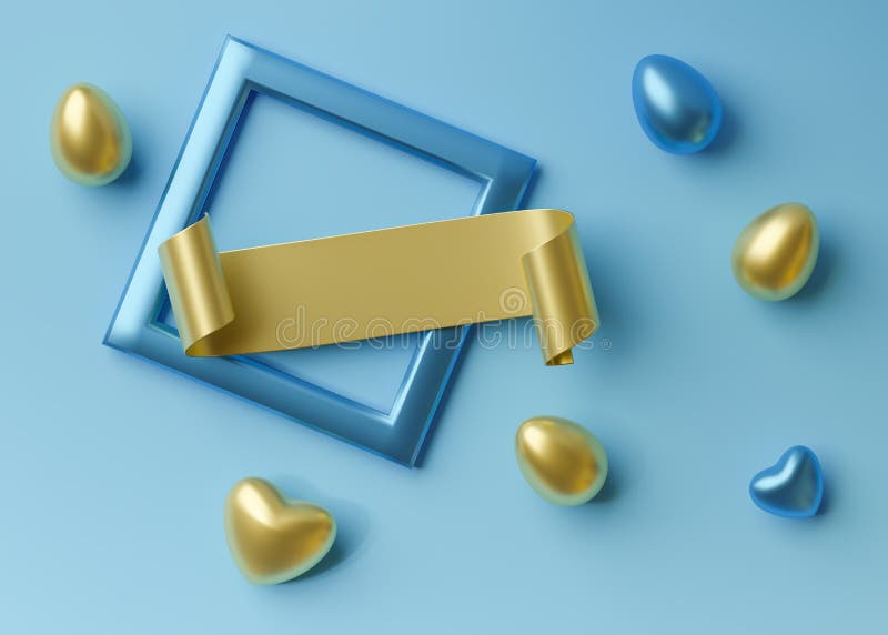 Wypoczynek w tle 3d na świąteczną wielkanoc. niebieskie i złote jaja przewijają tekst i ramkę. szablon karty powitalnej ilustracji