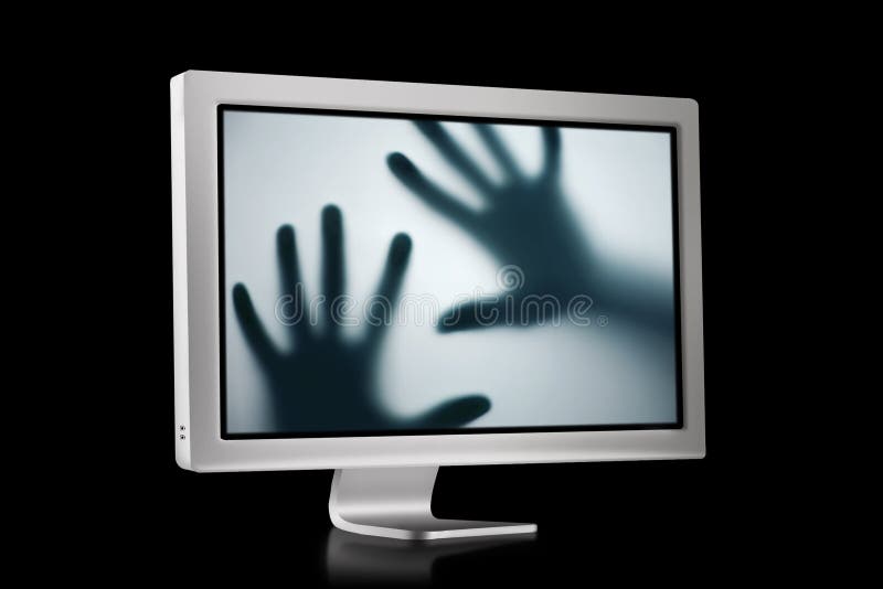 Flat Screen with hands trying to escape. Flat Screen with hands trying to escape