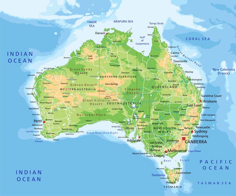 Wysoka szczegółowa Australia fizyczna mapa z etykietowaniem