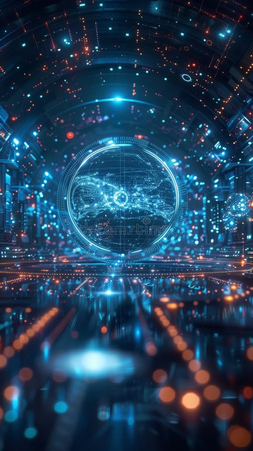 Wysokowydajna sfera danych oświetlona w tunelu futurystycznym, który dostarcza globalną łączność cyfrową technologię redukcji inno royalty ilustracja