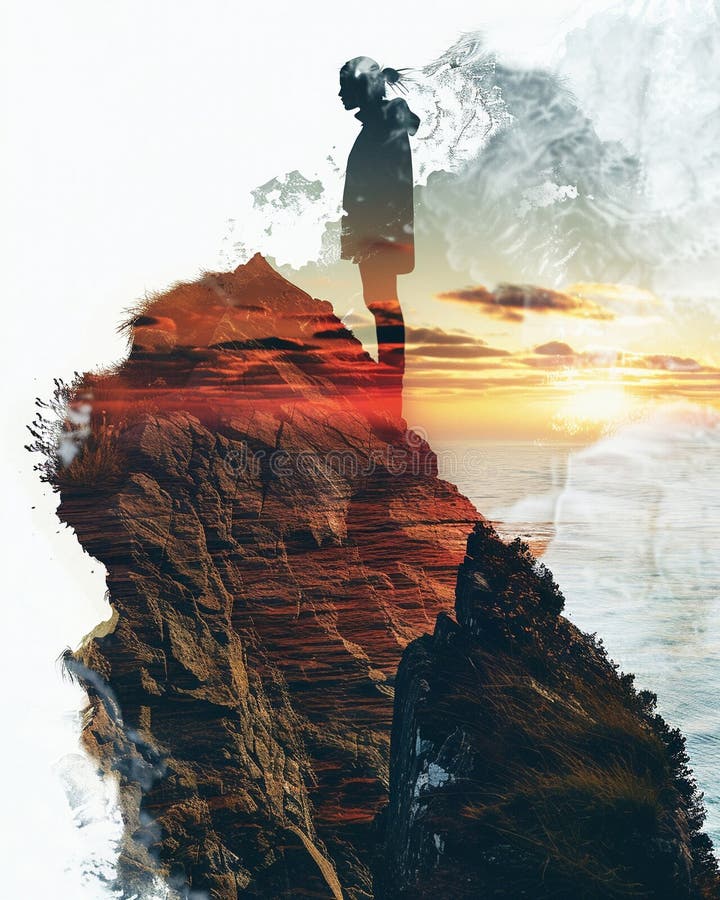 Wyspa cliffside copy space dramatyczne widoki sylwetka podwójnej ekspozycji z terenem skalistym. Wyspa cliffside copy space dramatyczne widoki sylwetka podwójnej ekspozycji z ziemią skalistą generatyczną ilustracją