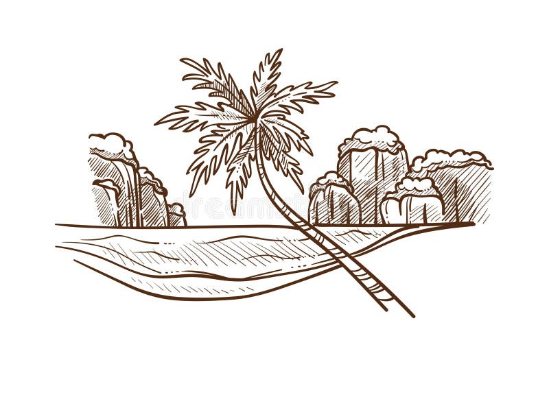Wyspa z palmy i wody nakreślenia wektoru monochromatyczną ilustracją ilustracji Wyspa z palmy i wody nakreślenia wektoru monochromatyczną ilustracją ilustracji