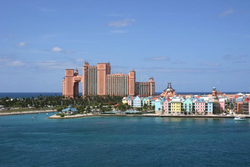Atlantis hotel with pastel coloured holiday villas, Paradise Island, Nassau. Atlantis hotel with pastel coloured holiday villas, Paradise Island, Nassau
