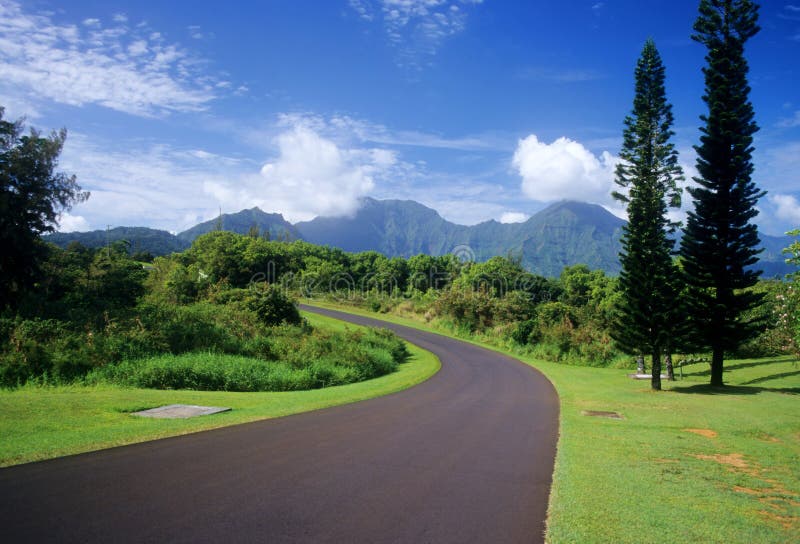 View of a curved road slicing through the lush tropical landscape near Princeville on the island of Kauai, Hawaii. View of a curved road slicing through the lush tropical landscape near Princeville on the island of Kauai, Hawaii.