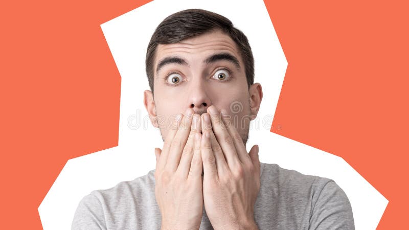 Wystrzał sztuki kolaż, portret zdziwiony mężczyzna z wybrzuszać oczy i zamknięte usta ręki obrazy royalty free Wystrzał sztuki kolaż, portret zdziwiony mężczyzna z wybrzuszać oczy i zamknięte usta ręki obrazy royalty free