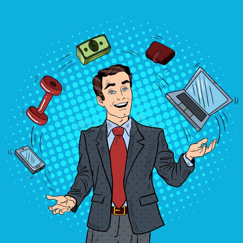Wystrzał sztuki Pomyślnego biznesmena Kuglarski komputer, telefon i pieniądze, ilustracji Wystrzał sztuki Pomyślnego biznesmena Kuglarski komputer, telefon i pieniądze, ilustracji