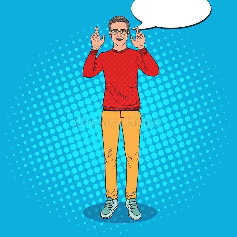 Wystrzał sztuki Przystojny młody człowiek Krzyżujący palce z oczami Zamykającymi Facet Robi życzeniu ilustracji Wystrzał sztuki Przystojny młody człowiek Krzyżujący palce z oczami Zamykającymi Facet Robi życzeniu ilustracji