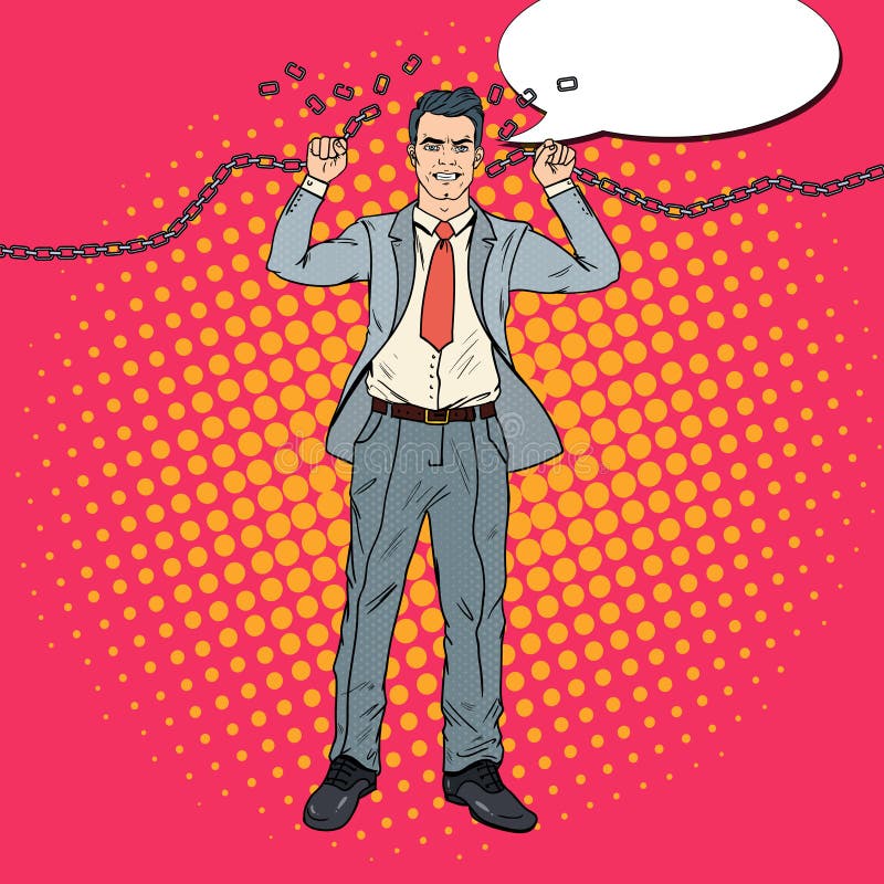 Wystrzał sztuki Silny biznesmen Łama łańcuchy Uwolnienie od ciężkiej pracy ilustracji Wystrzał sztuki Silny biznesmen Łama łańcuchy Uwolnienie od ciężkiej pracy ilustracji