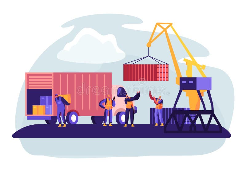 Wysy?ka port z schronienie D?wigowymi ?adowniczymi zbiornikami Morska Frachtowa ??d? Port?w morskich pracownicy Nios? pude?ka od ilustracji Wysy?ka port z schronienie D?wigowymi ?adowniczymi zbiornikami Morska Frachtowa ??d? Port?w morskich pracownicy Nios? pude?ka od ilustracji
