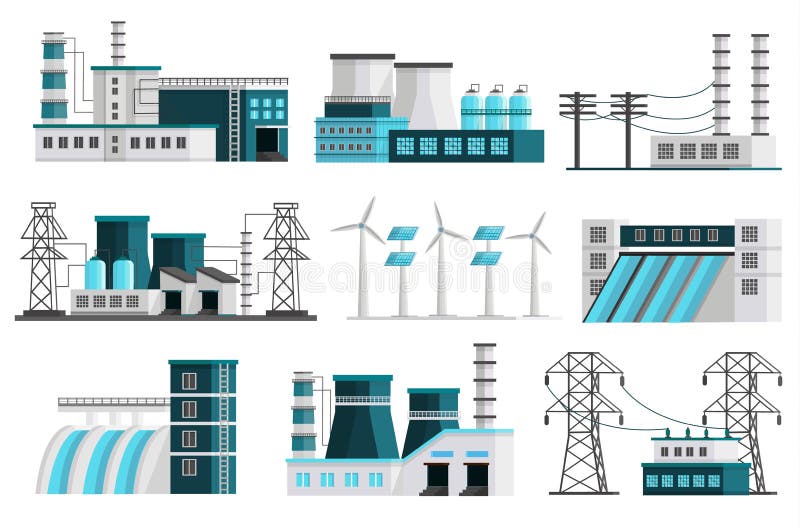 Set of nine isolated orthogonal power generation images of powerhouse landscape scenes transmission lines transformer pillars vector illustration. Set of nine isolated orthogonal power generation images of powerhouse landscape scenes transmission lines transformer pillars vector illustration