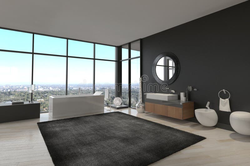 Wyłączny Luksusowy łazienki wnętrze w nowożytnym apartament na najwyższym piętrze zdjęcie stock Wyłączny Luksusowy łazienki wnętrze w nowożytnym apartament na najwyższym piętrze zdjęcie stock