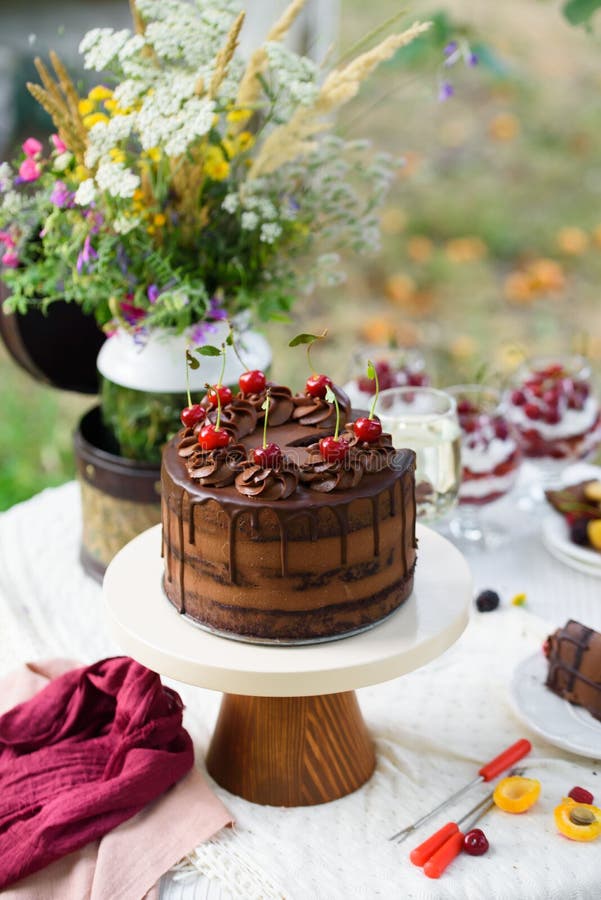 Wyśmienicie czekoladowy tort, czerwony aksamit w szkle, dzicy kwiaty, jagody fotografia stock Wyśmienicie czekoladowy tort, czerwony aksamit w szkle, dzicy kwiaty, jagody fotografia stock