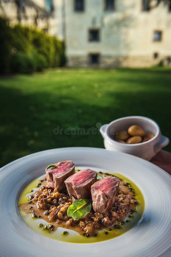 Wyśmienicie piec na grillu wieprzowiny loin z pieczarka kumberlandem słuzyć na bielu talerzu z piec na grillu grulami, nowożytny obrazy stock Wyśmienicie piec na grillu wieprzowiny loin z pieczarka kumberlandem słuzyć na bielu talerzu z piec na grillu grulami, nowożytny obrazy stock
