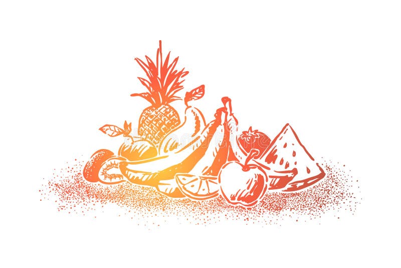 Wyśmienicie świeże owoc, dojrzały lato deser, soczysty jabłko, arbuza kawałek, ananas, banany, cytryna plasterek royalty ilustracja Wyśmienicie świeże owoc, dojrzały lato deser, soczysty jabłko, arbuza kawałek, ananas, banany, cytryna plasterek royalty ilustracja