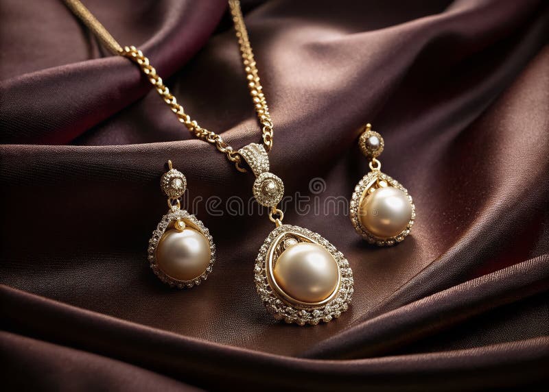 Wyśmienity zestaw złotej biżuterii Sparkling Pearl Necklace i kolczyki dla ponadczasowej elegancji ilustracja wektor
