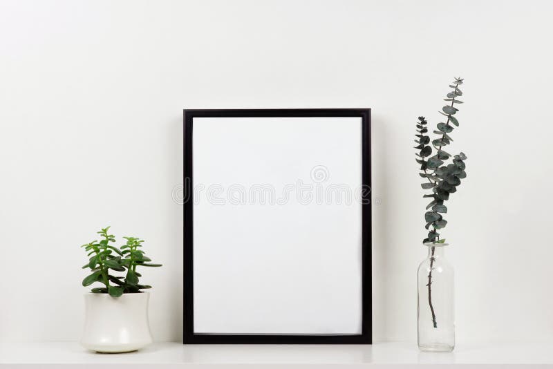 Wyśmiewa w górę czerni ramy przeciw biel ścianie z rośliną i gałąź na białej półce fotografia stock Wyśmiewa w górę czerni ramy przeciw biel ścianie z rośliną i gałąź na białej półce fotografia stock