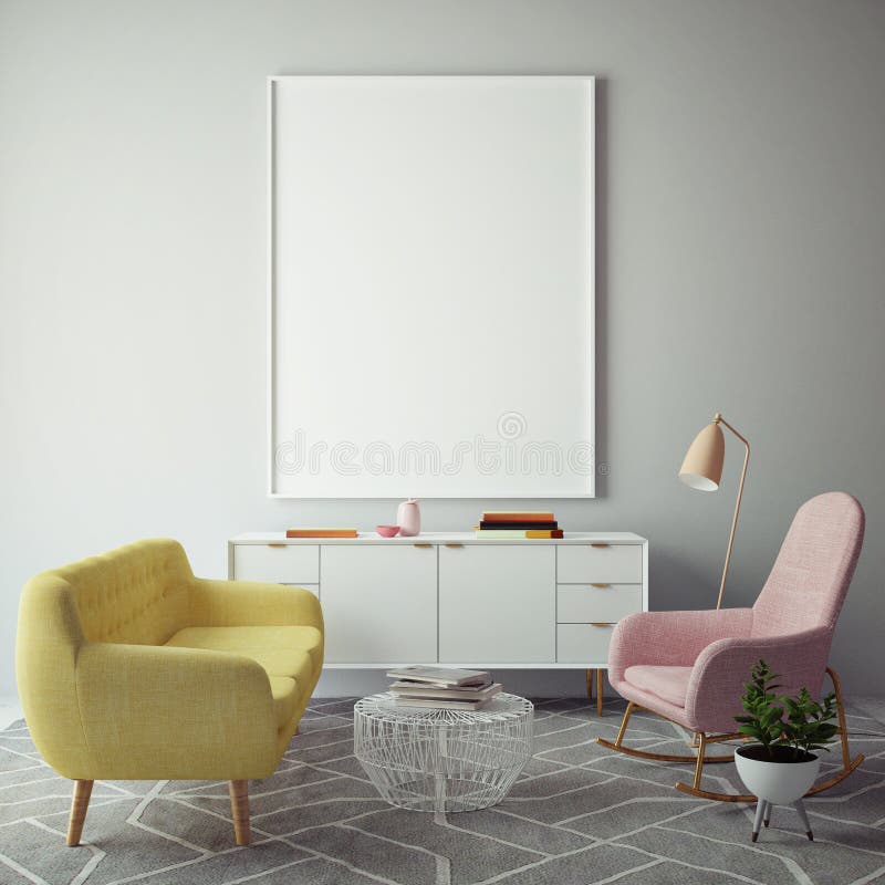 Wyśmiewa w górę pustego plakata na ścianie modnisia żywy pokój, 3D rendering royalty ilustracja Wyśmiewa w górę pustego plakata na ścianie modnisia żywy pokój, 3D rendering royalty ilustracja