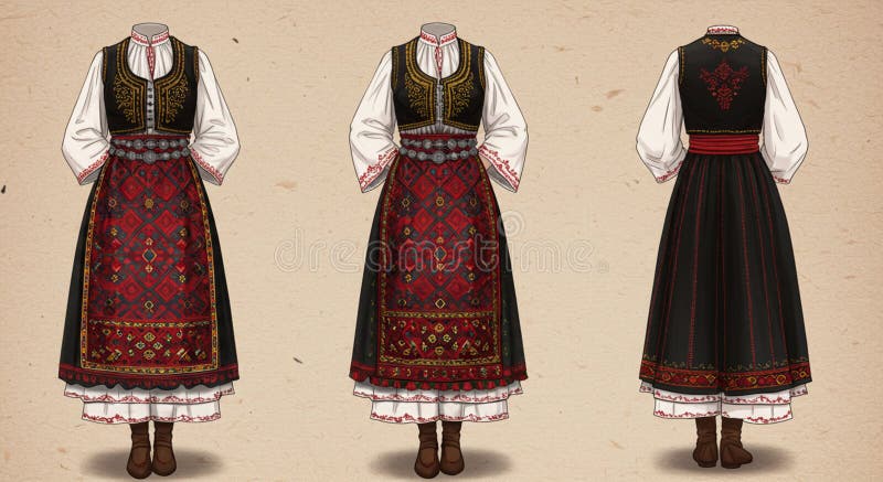 Wyświetlane są trzy tradycyjne sukienki wschodnioeuropejskie zawierające szczegółowe ilustracja wektor